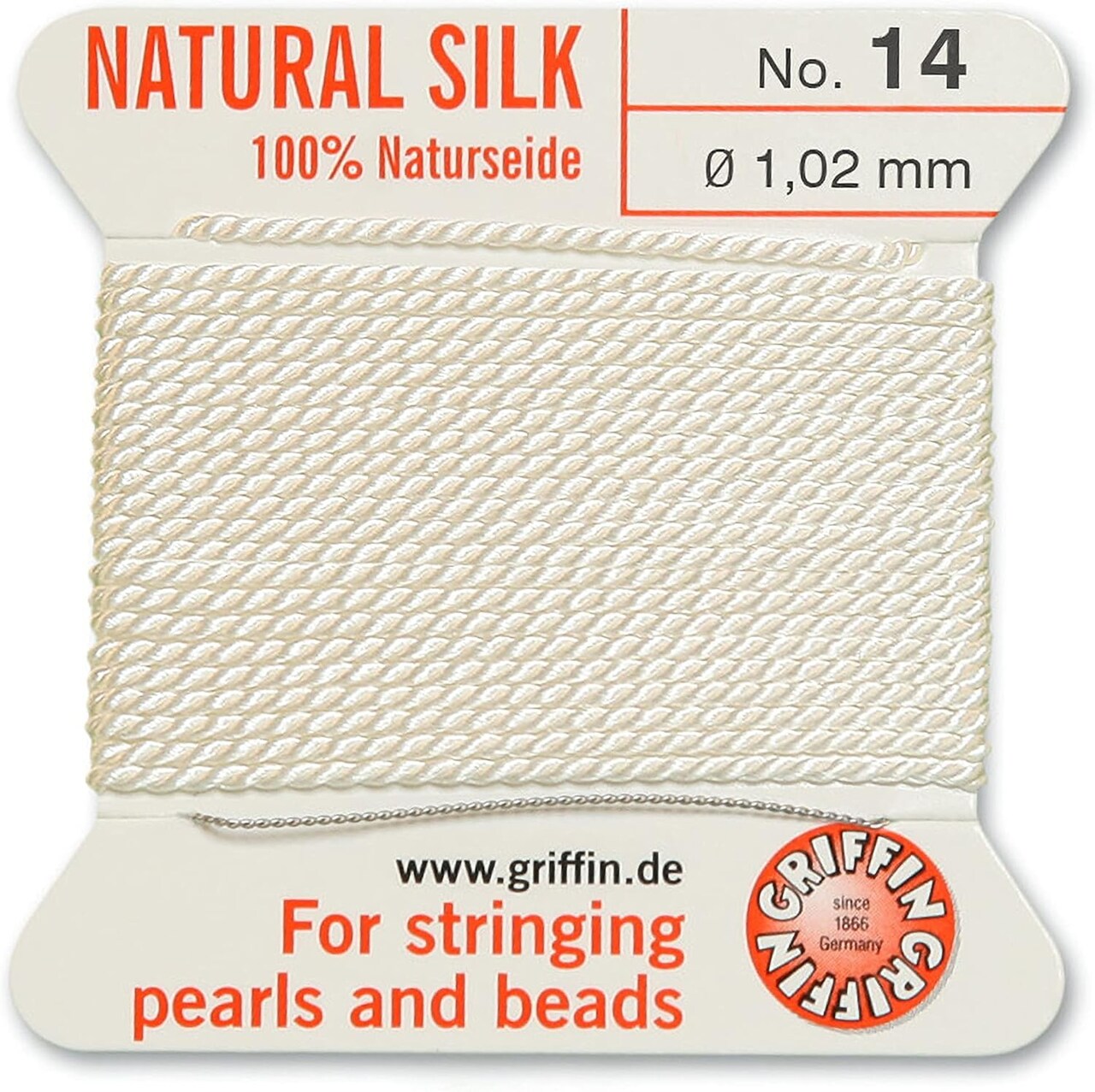 Griffin Silk Bead Cord Perlseide – Size 14 (1.02mm) – 2 Meters per Card – Stainless Steel Needle Attached – for Knotting Pearls, Gemstones, Crystals and Beads
